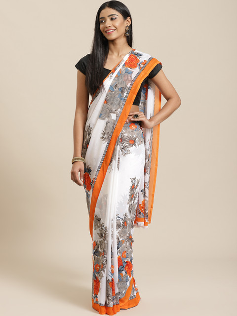 

KALINI White & Orange Printed Saree