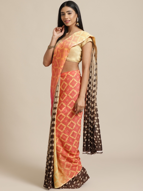 

KALINI Peach-Coloured & Brown Printed Saree