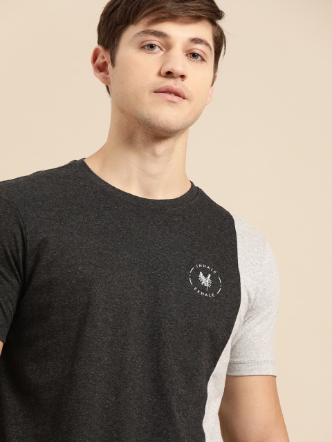 

ether Men Grey Colourblocked Pure Cotton Round Neck T-shirt