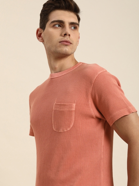 

ether Men Peach-Coloured Self Design Pocket Detail T-shirt