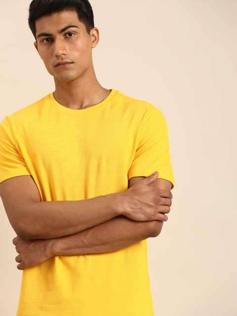 

ether Men Yellow Self Striped Round Neck T-shirt