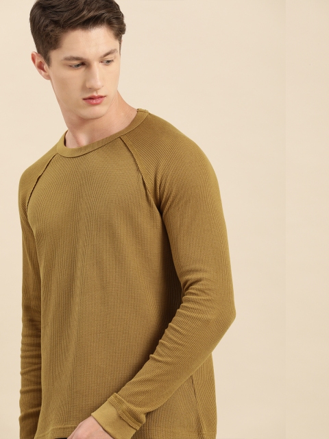 

ether Men Khaki Brown Self Design Round Neck Pure Cotton T-shirt