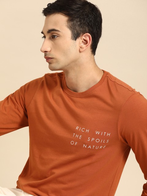 

ether Men Orange Printed Round Neck Pure Cotton T-shirt