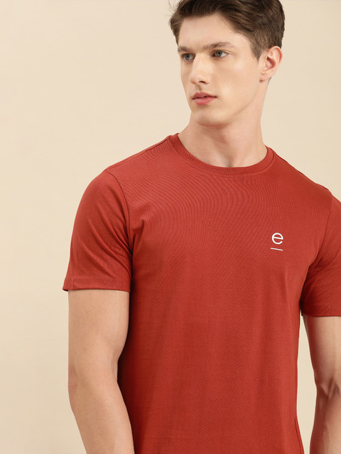 

ether Men Rust Red Solid Round Neck Pure Cotton T-shirt