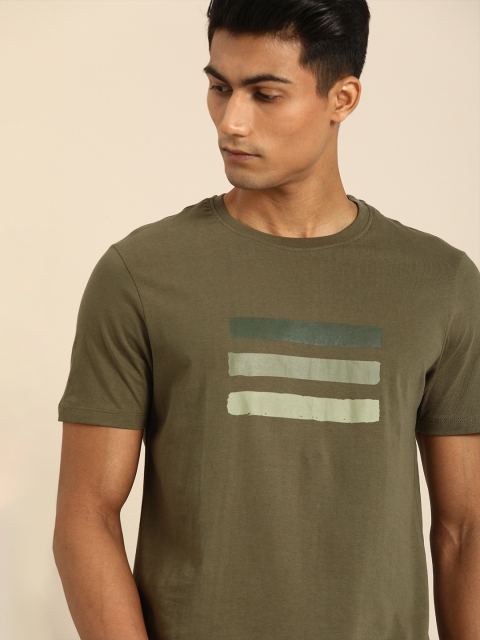 

ether Men Olive Green Printed Round Neck Pure Cotton T-shirt