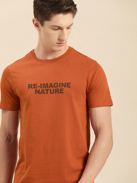 

ether Men Rust Orange Printed Round Neck T-shirt