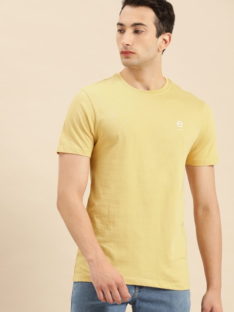 

ether Men Yellow Solid Round Neck T-shirt