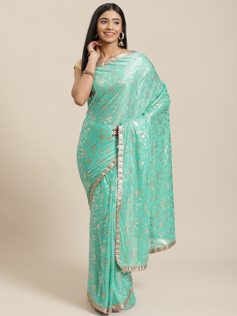 

KALINI Blue & Golden Floral Printed Saree