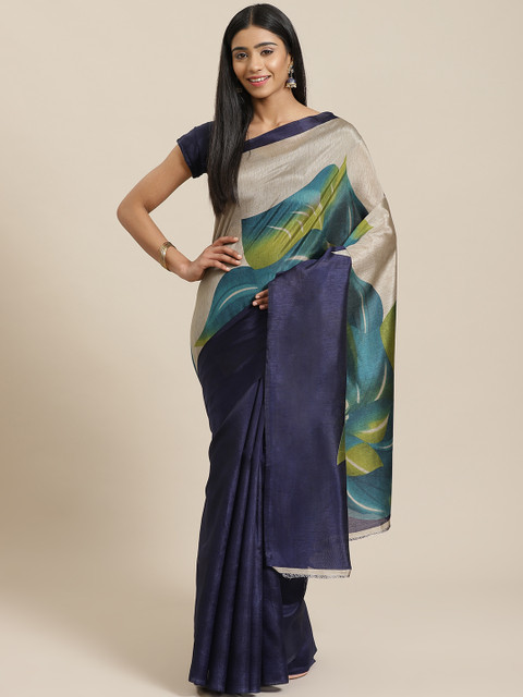 

KALINI Navy Blue & Grey Printed Detail Mysore Silk Saree