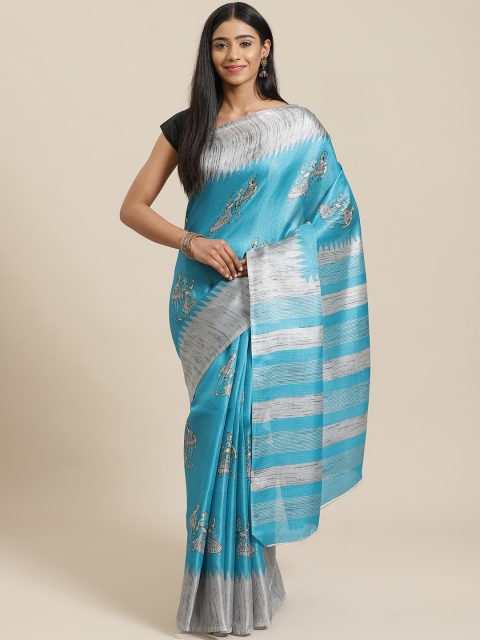 

KALINI Blue & Grey Kalamkari Printed Khadi Saree