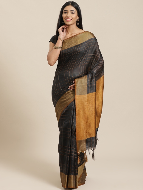 

KALINI Black & Mustard Brown Checked Mysore Silk Saree
