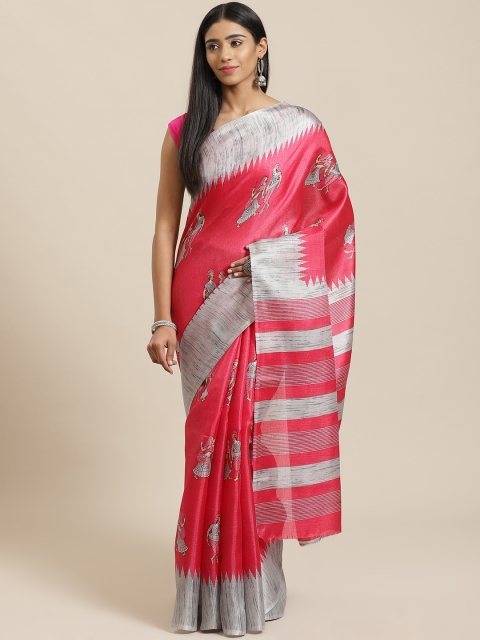 

KALINI Pink & Grey Kalamkari Print Saree