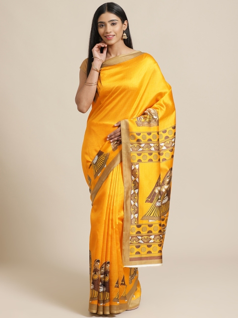 

KALINI Yellow & Grey Kalamkari Printed Mysore Silk Saree