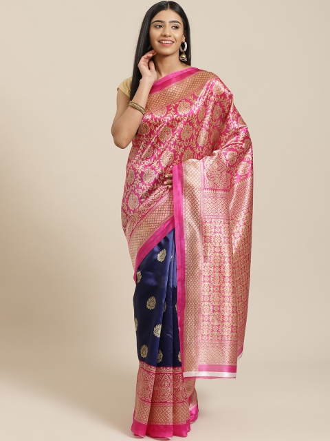 

KALINI Pink & Navy Blue Half & Half Printed Mysore Silk Saree