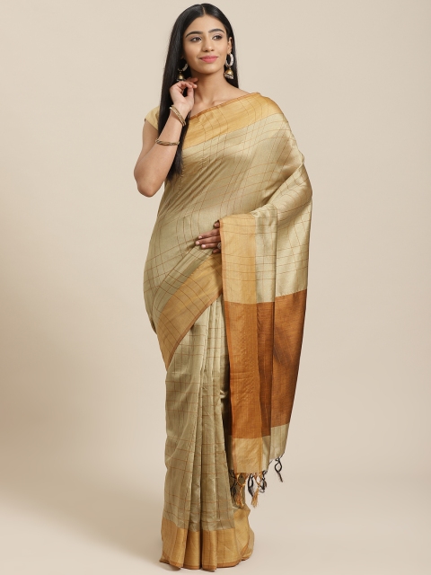 

KALINI Beige & Mustard Brown Checked Mysore Silk Saree