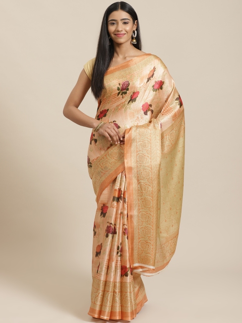 

KALINI Peach-Coloured & Pink Floral Print Saree