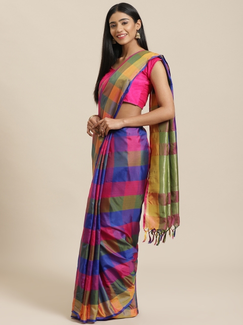 

KALINI Pink & Blue Checked Mysore Silk Saree