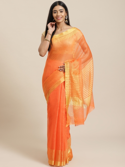

KALINI Orange & Golden Self-Striped Saree