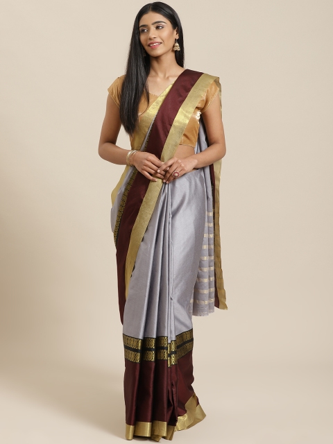 

KALINI Grey & Burgundy Colourblocked Saree
