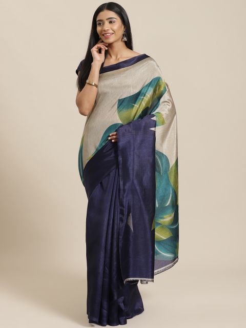 

KALINI Navy Blue & Grey Printed Detail Mysore Silk Saree