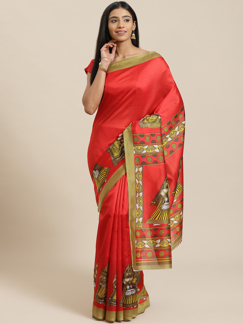 

KALINI Red & Mustard Yellow Kalamkari Printed Mysore Silk Saree