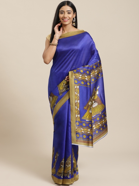 

KALINI Blue & Olive Green Kalamkari Printed Border Mysore Silk Saree