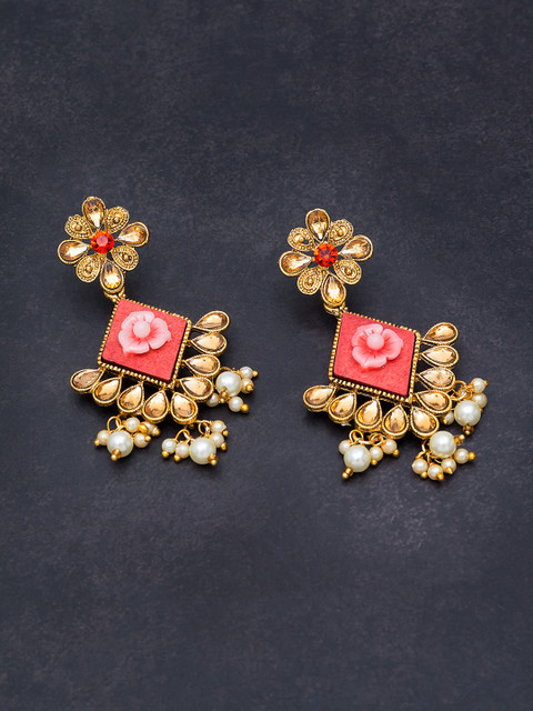 

Golden Peacock Peach-Coloured & Gold-Toned Floral Drop Earrings