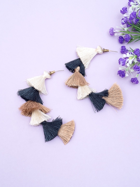 

Golden Peacock White & Black Contemporary Tasselled Half Hoop Earrings