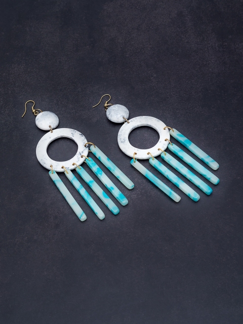 

Golden Peacock Blue & White Handcrafted Geometric Drop Earrings