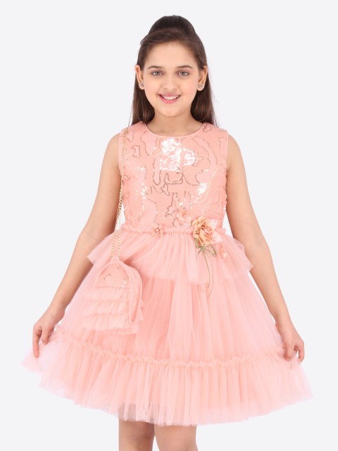 

CUTECUMBER Girls Peach Embellished Fit and Flare Dress with Pouch