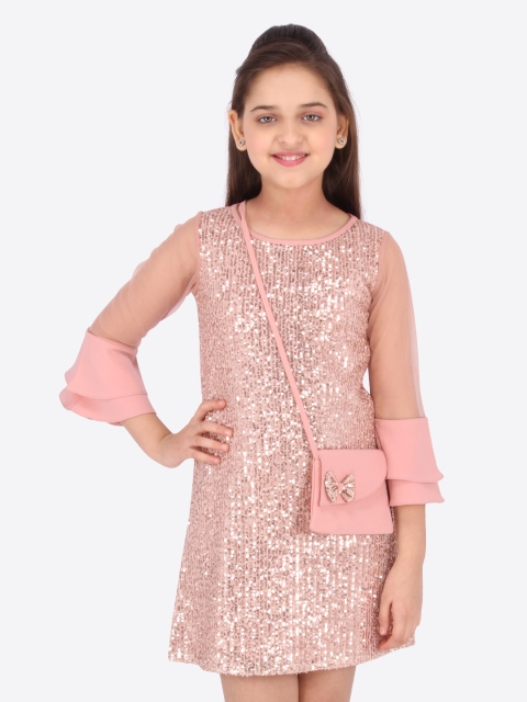 

CUTECUMBER Girls Peach-Coloured Embellished Sheath Dress