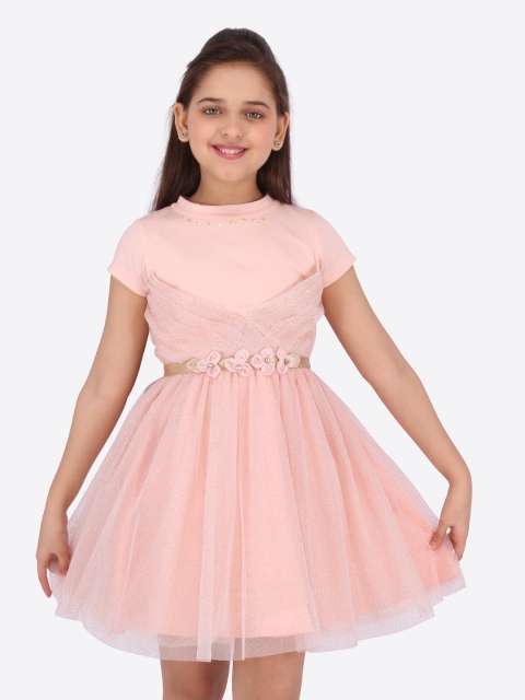 

CUTECUMBER Girls Peach-Coloured Solid Fit and Flare Dress