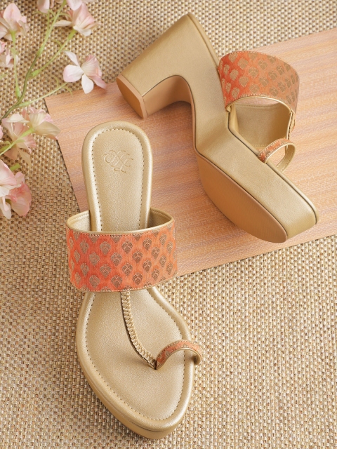 

House of Pataudi Women Coral Orange & Gold-Toned Woven Design Handcrafted Block Heels