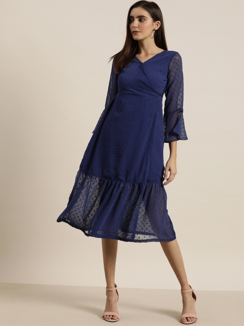 

Moda Rapido Women Navy Blue Self Design Fit and Flare Dress