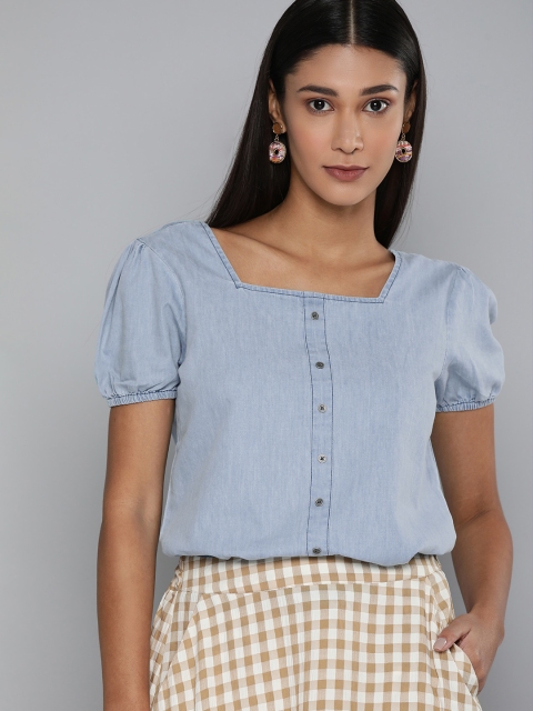 

HERE&NOW Blue Puff Sleeve Denim Regular Top