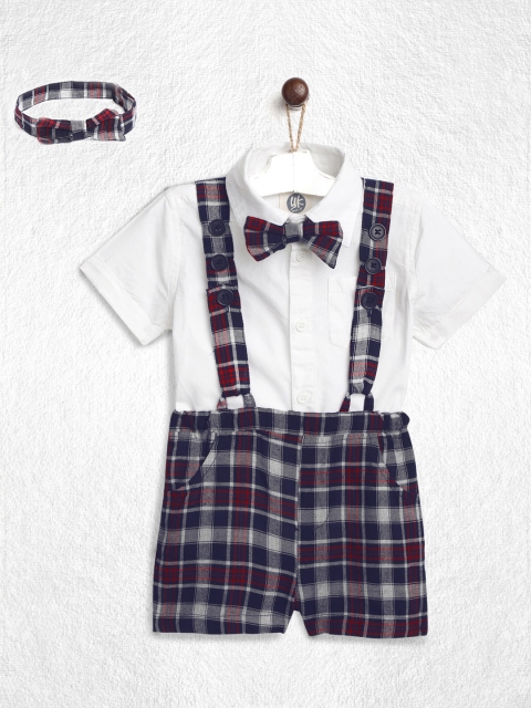 

YK Boys White & Navy Blue Pure Cotton Solid Shirt with Checked Shorts & Bow Tie