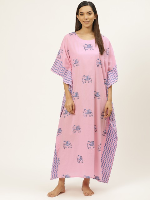 

Prakrti Pink & Blue Cotton Handblock Print Kaftan Sustainable Nightdress