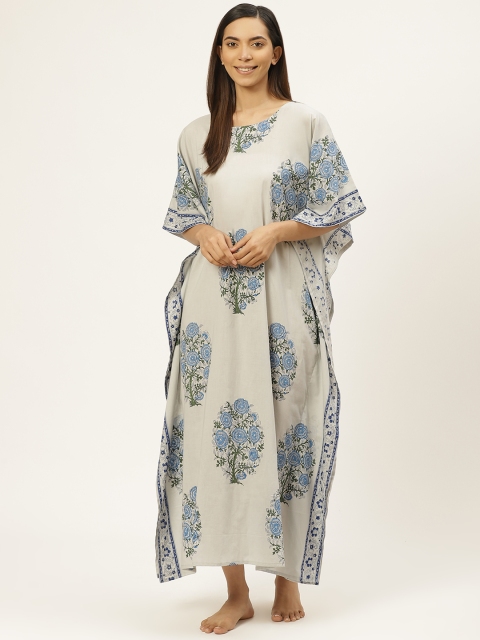 

Prakrti Grey & Blue Cotton Handblock Print Kaftan Sustainable Nightdress