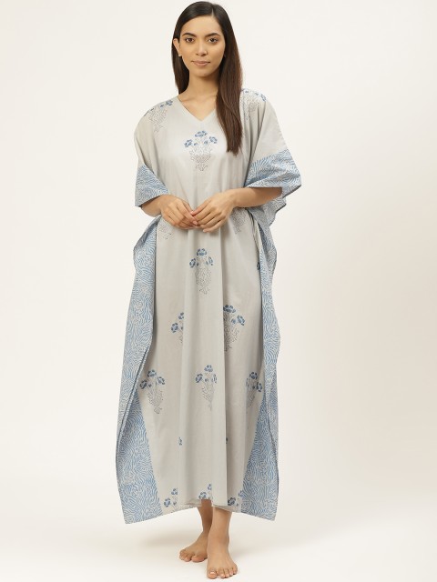 

Prakrti Grey & Blue Pure Cotton Handblock Print Kaftan Maxi Sustainable Nightdress