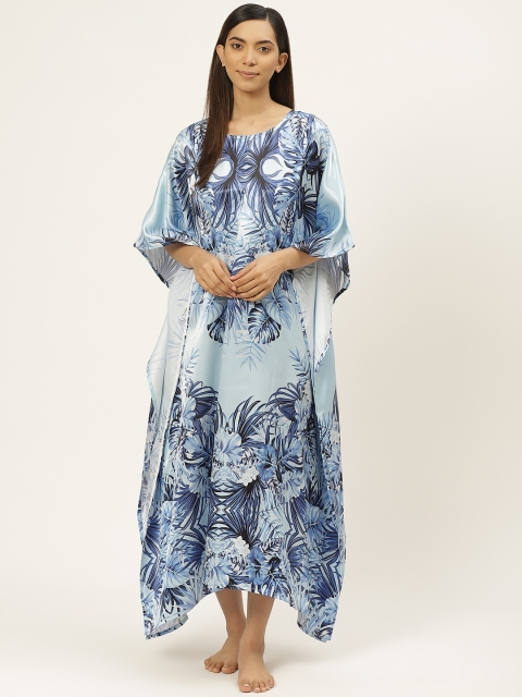 

Prakrti Blue Satin Finish Digital Printed Kaftan Sustainable Nightdress