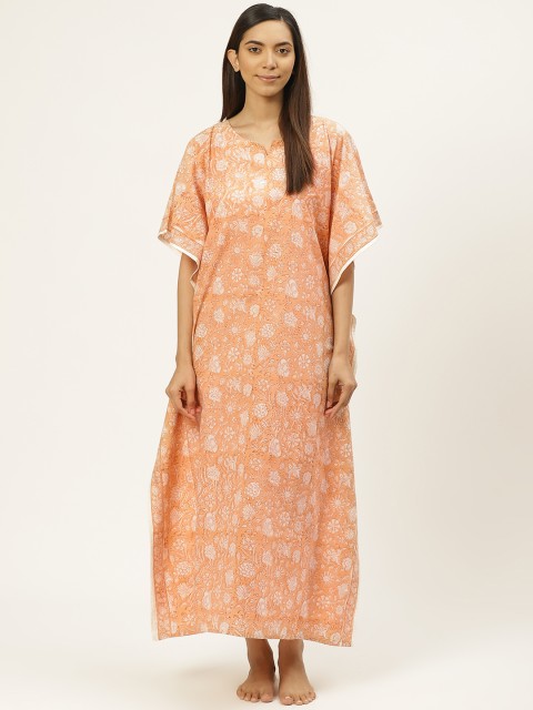 

Prakrti Peach-Coloured & White Pure Cotton Handblock Print Kaftan Maxi Sustainable Nightdress