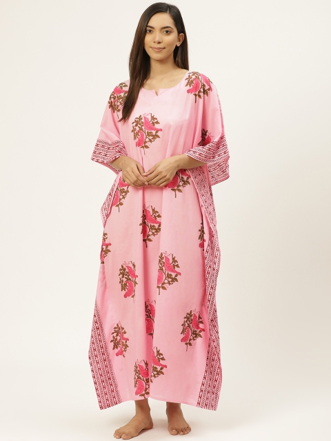 

Prakrti Pink & Green Cotton Handblock Print Kaftan Sustainable Nightdress