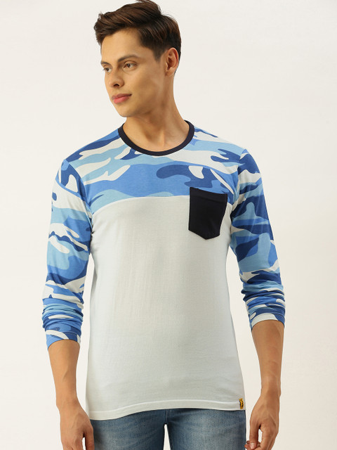 

Campus Sutra Men White Blue Pure Cotton Camouflage Printed Round Neck Pure Cotton T-shirt