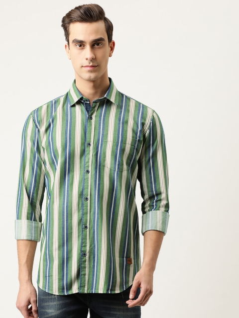 

Campus Sutra Men Olive Green & Navy Blue Regular Fit Striped Casual Shirt