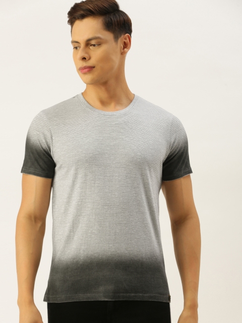 

Campus Sutra Men Off-White Charcoal Grey Self-Striped Ombre Pure Cotton Bio-Wash Pure Cotton T-shirt