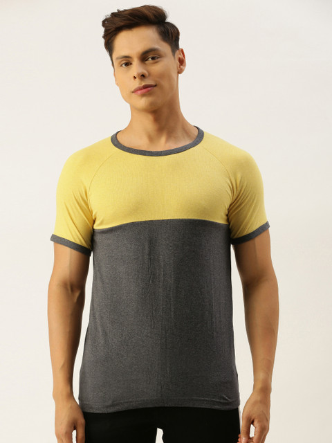 

Campus Sutra Men Yellow Charcoal Grey Colourblocked Bio-Wash Pure Cotton T-shirt
