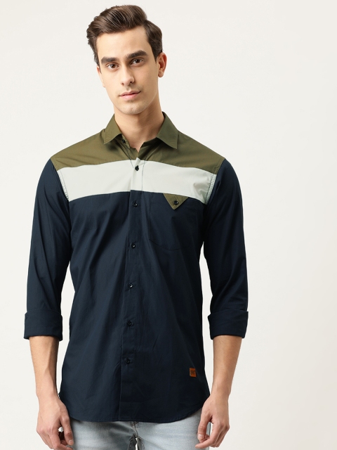 

Campus Sutra Men Blue & Olive Green Regular Fit Colourblocked Casual Shirt