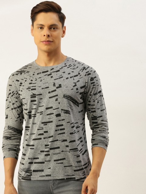 

Campus Sutra Men Grey Melange & Black Printed Cotton Round Neck T-shirt