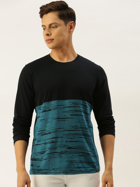 

Campus Sutra Men Black & Blue Colourblocked Cotton Bio-Wash T-shirt with Melange Effect