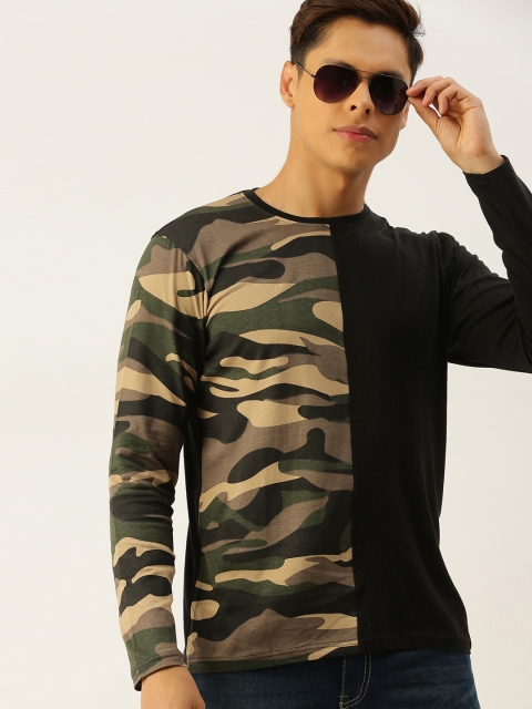 

Campus Sutra Men Black Olive Green Camouflage Print Bio Wash Pure Cotton T-shirt